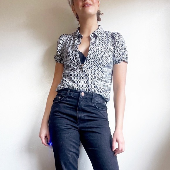 Nine West Vintage Y2K Black And White Academia Button Down Blouse Maximalism - Picture 3 of 10